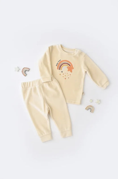 Set Curcubeu cu bluzita cu maneca lunga si pantaloni lungi din 80%bumbac organic si 20% poliester - Crem, BabyCosy
