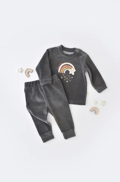 Set Curcubeu cu bluzita cu maneca lunga si pantaloni lungi din 80%bumbac organic si 20% poliester - Antracit, BabyCosy