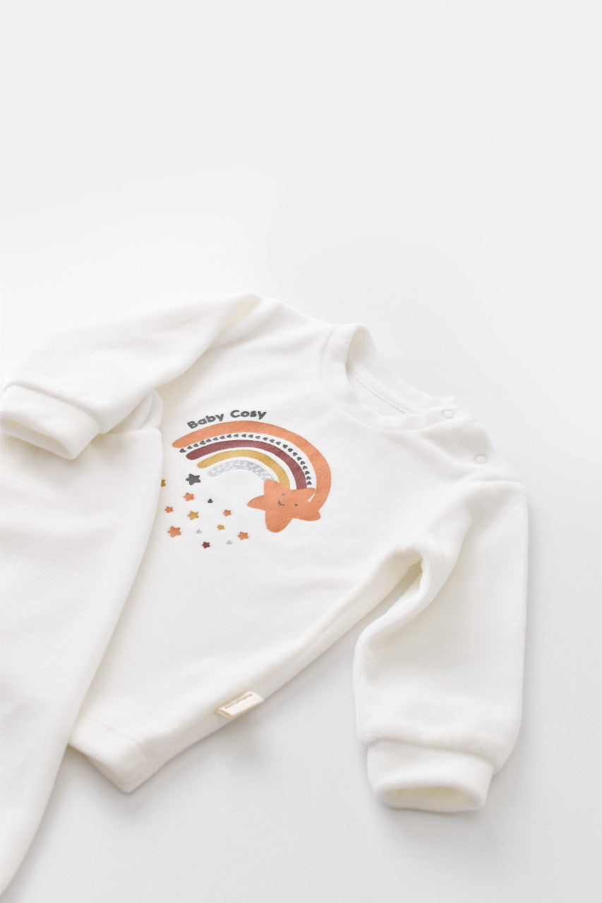 Set Curcubeu cu bluzita cu maneca lunga si pantaloni lungi din 80%bumbac organic si 20% poliester - Ecru, BabyCosy