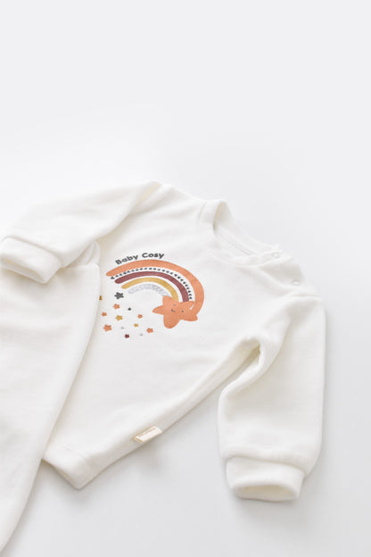 Set Curcubeu cu bluzita cu maneca lunga si pantaloni lungi din 80%bumbac organic si 20% poliester - Ecru, BabyCosy