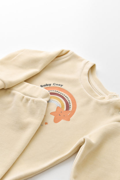 Set Curcubeu cu bluzita cu maneca lunga si pantaloni lungi din 80%bumbac organic si 20% poliester - Crem, BabyCosy