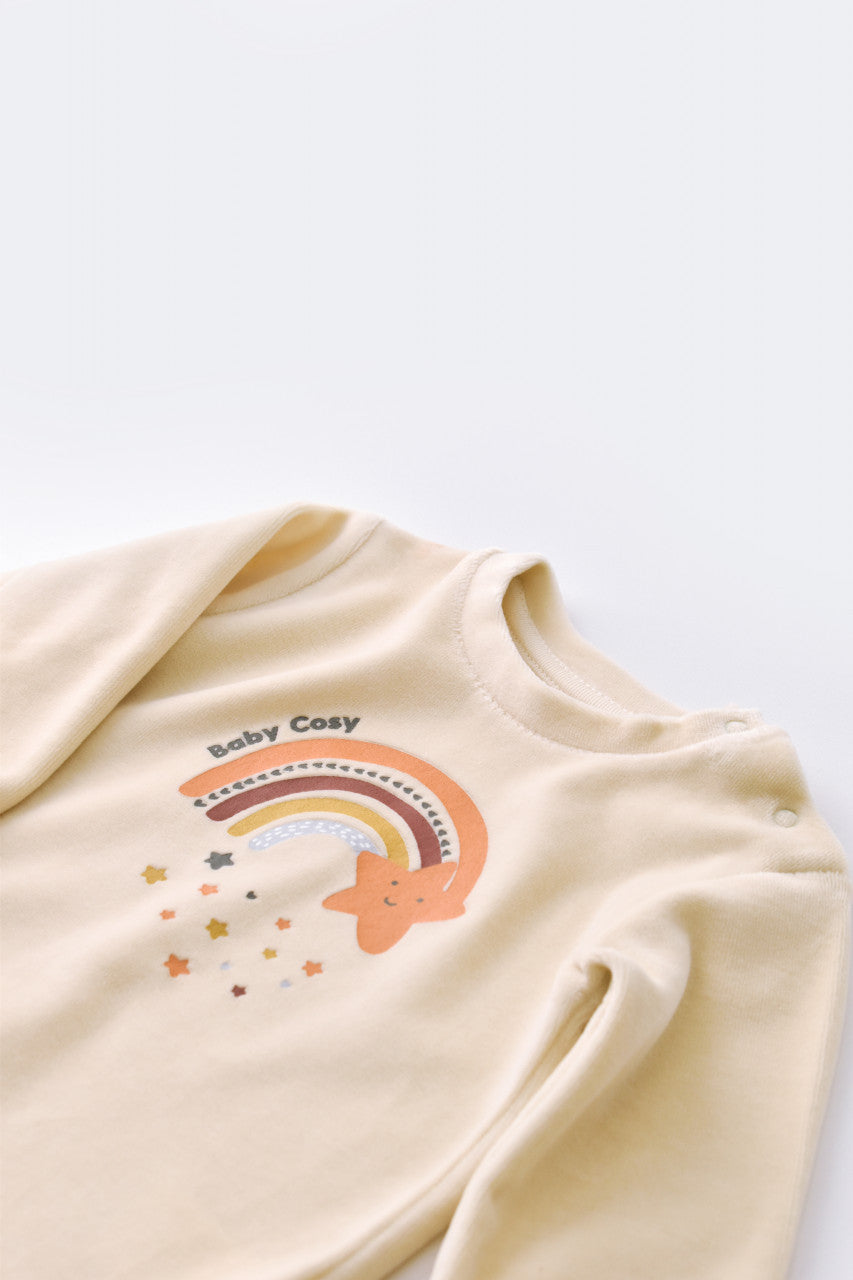 Set Curcubeu cu bluzita cu maneca lunga si pantaloni lungi din 80%bumbac organic si 20% poliester - Crem, BabyCosy