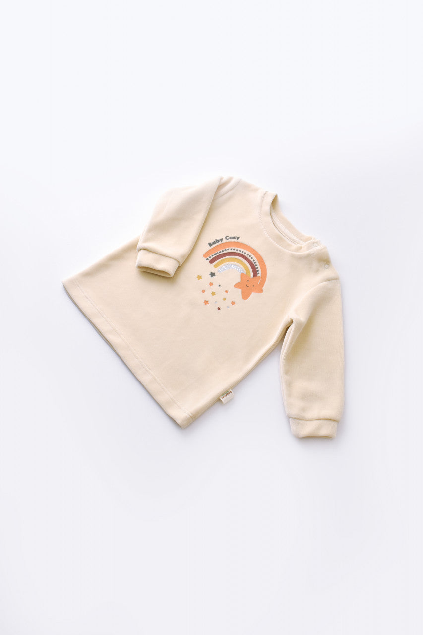 Set Curcubeu cu bluzita cu maneca lunga si pantaloni lungi din 80%bumbac organic si 20% poliester - Crem, BabyCosy
