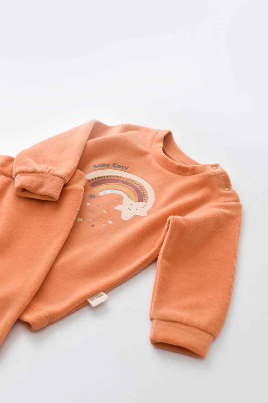 Set Curcubeu cu bluzita cu maneca lunga si pantaloni lungi din 80%bumbac organic si 20% poliester - Portocaliu, BabyCosy
