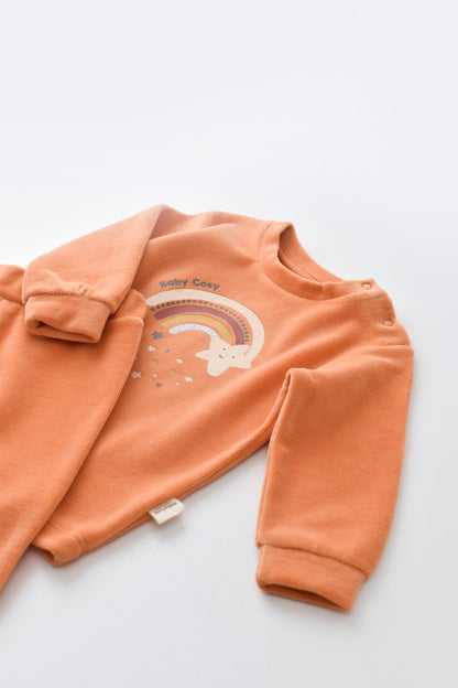 Set Curcubeu cu bluzita cu maneca lunga si pantaloni lungi din 80%bumbac organic si 20% poliester - Portocaliu, BabyCosy