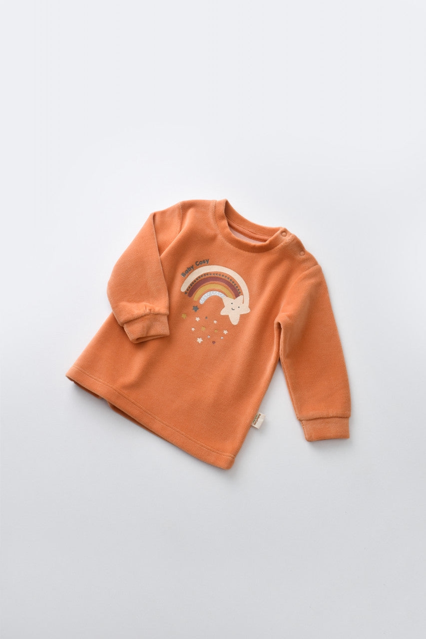 Set Curcubeu cu bluzita cu maneca lunga si pantaloni lungi din 80%bumbac organic si 20% poliester - Portocaliu, BabyCosy