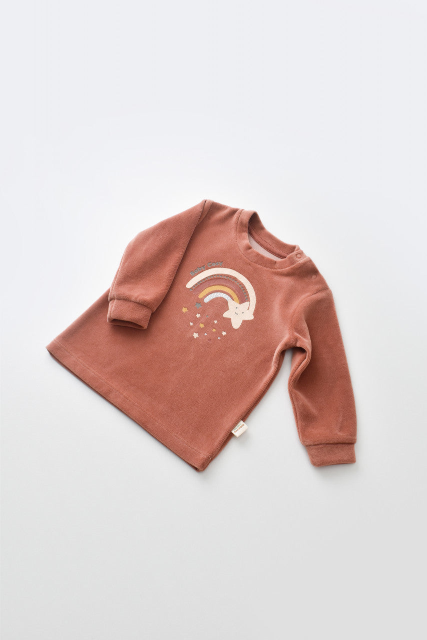 Set Curcubeu cu bluzita cu maneca lunga si pantaloni lungi din 80%bumbac organic si 20% poliester - Caramiziu, BabyCosy