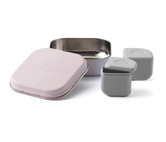 Set cutie cu 2 silipods pentru mancare bebelusi Miniware Grow bento, 3 piese, Cotton Candy+Grey -