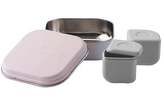 Set cutie cu 2 silipods pentru mancare bebelusi Miniware Grow bento, 3 piese, Cotton Candy+Grey -