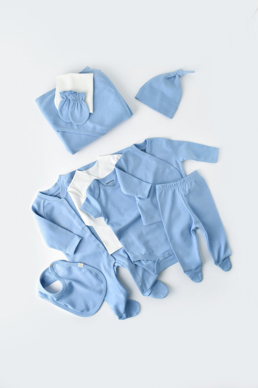 Set de 10 piese pentru nou nascut - 100% bumbac organic - Bleu, BabyCosy