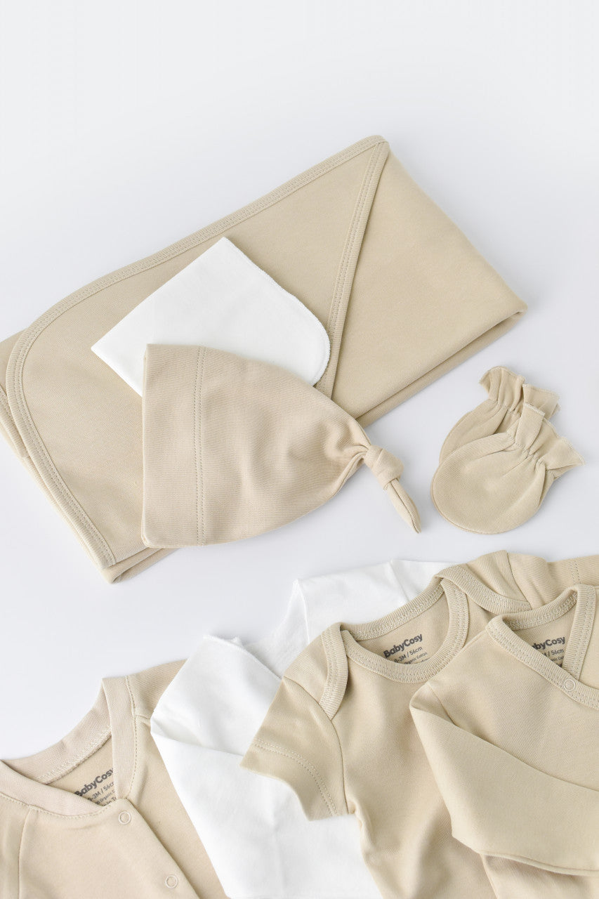 Set de 10 piese pentru nou nascut - 100% bumbac organic - Crem, BabyCosy