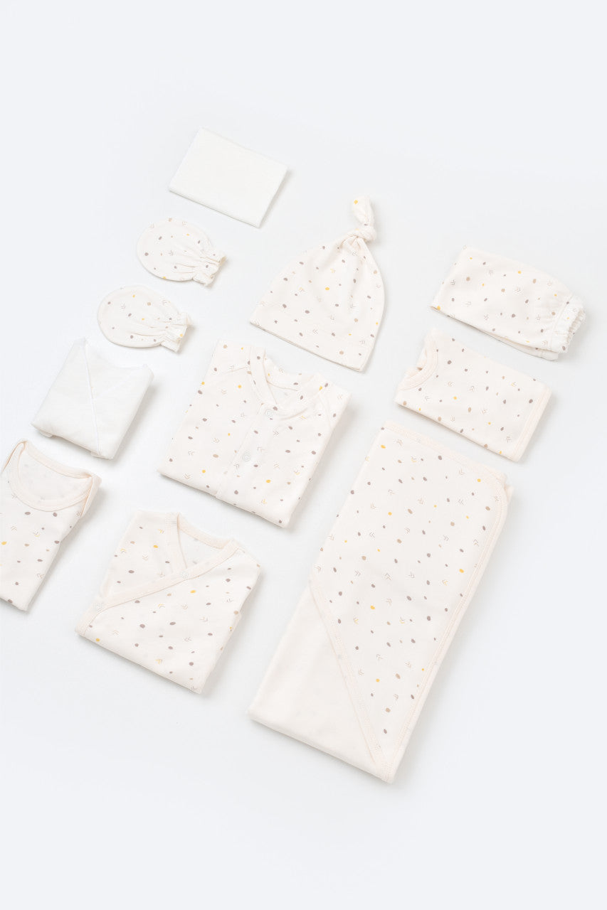 Set de 10 piese pentru nou nascut - 100% bumbac organic - Ecru cu buline, BabyCosy