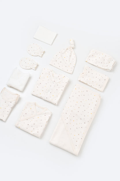 Set de 10 piese pentru nou nascut - 100% bumbac organic - Ecru cu buline, BabyCosy