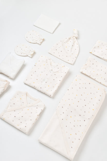 Set de 10 piese pentru nou nascut - 100% bumbac organic - Ecru cu buline, BabyCosy