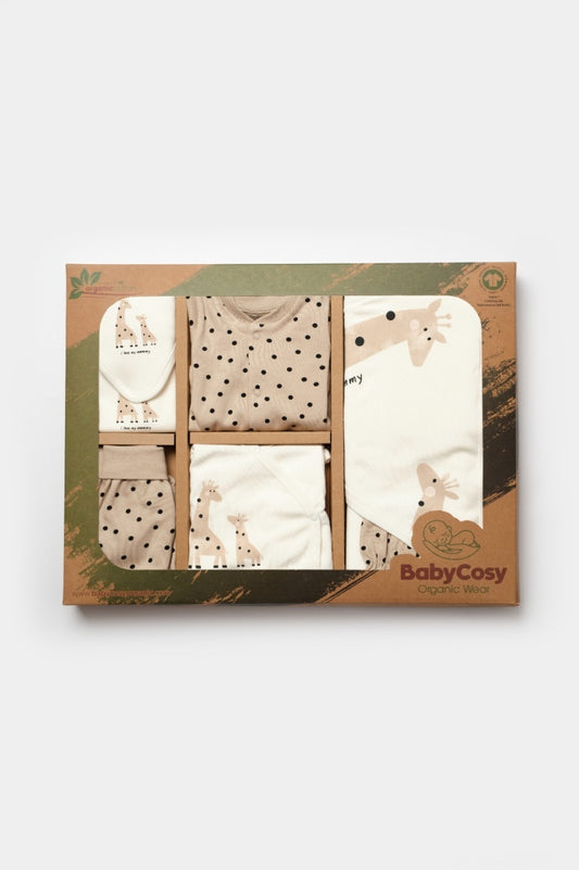 Set de 10 piese pentru nou nascut, 100% bumbac organic, Giraffe, BabyCosy - Batista, Baveta, Bluza, Body, Caciula, Manusi, Pantaloni, Pieptar, Plet, Salopeta