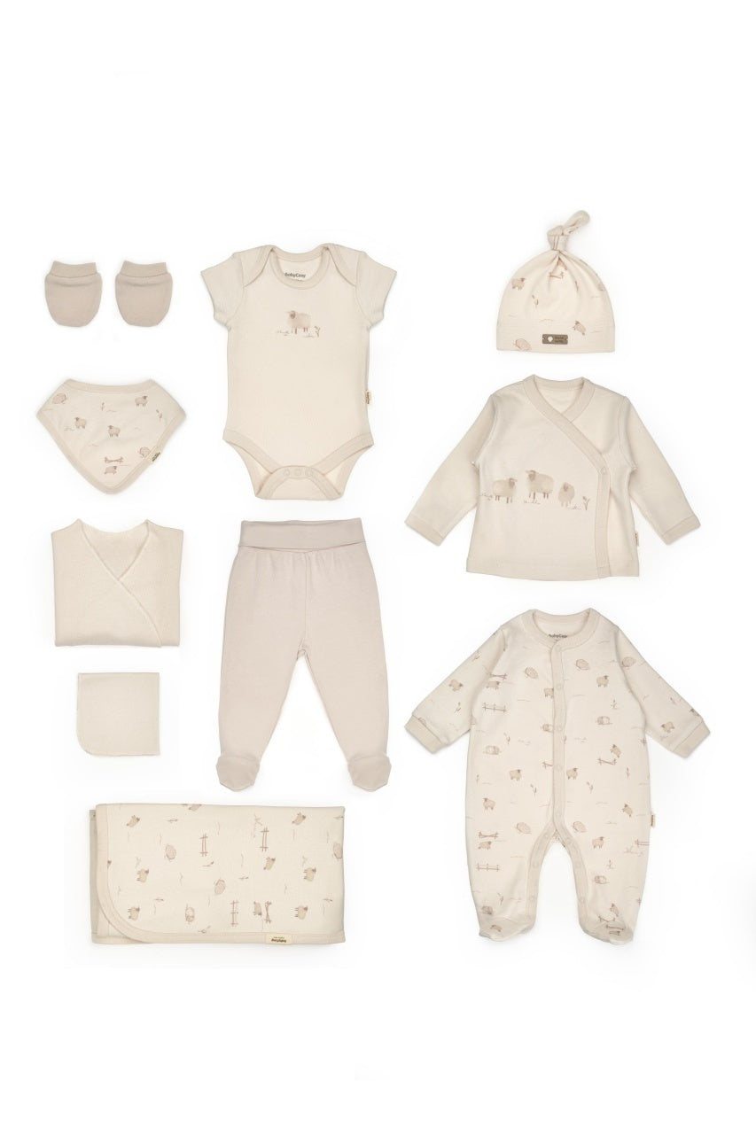Set de 10 piese pentru nou nascut, 100% bumbac organic, Lamb, BabyCosy
