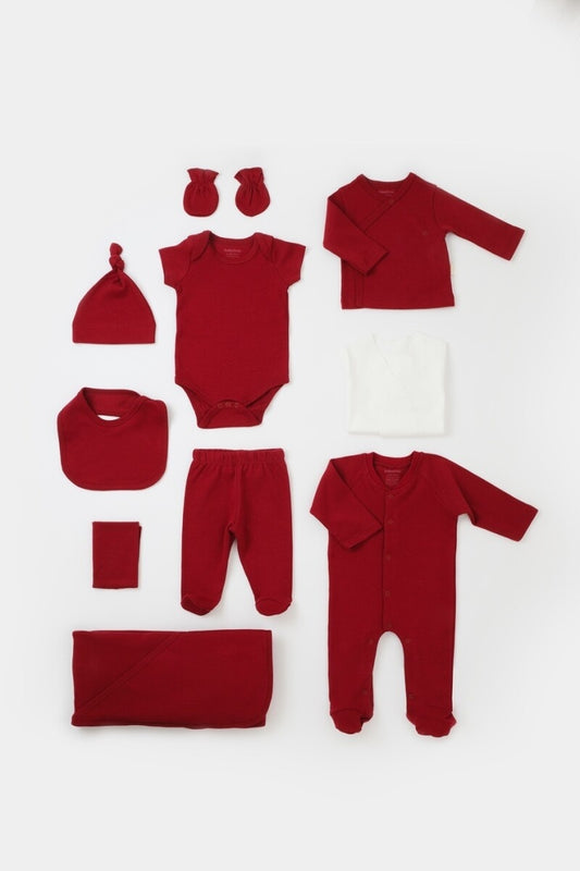 Set de 10 piese pentru nou nascut - 100% bumbac organic - Rosu, BabyCosy - Batista, Baveta, Bluza, Body, Caciula, Manusi, Pantaloni, Pieptar, Plet, Salopeta