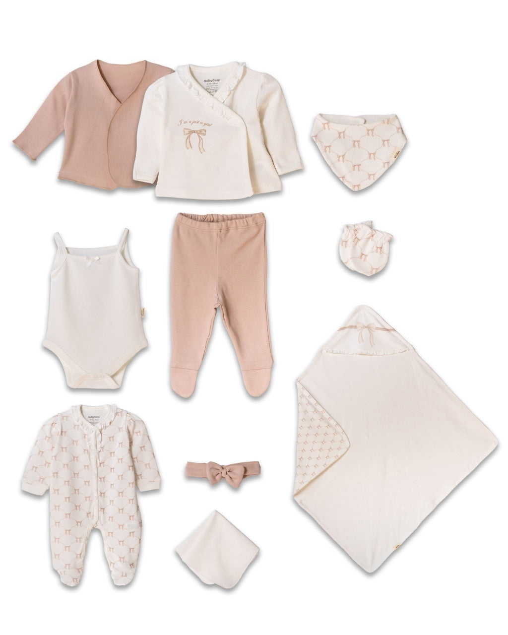 Set de 10 piese pentru nou nascut, Bow, powder, 100% bumbac organic, BabyCosy