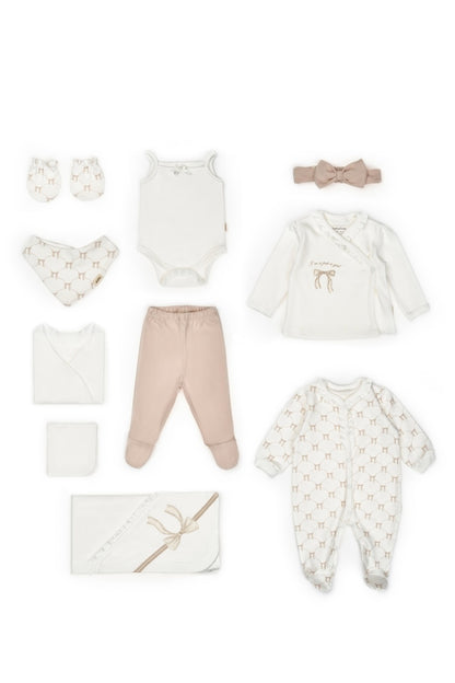 Set de 10 piese pentru nou nascut, Bow, stone, 100% bumbac organic, BabyCosy