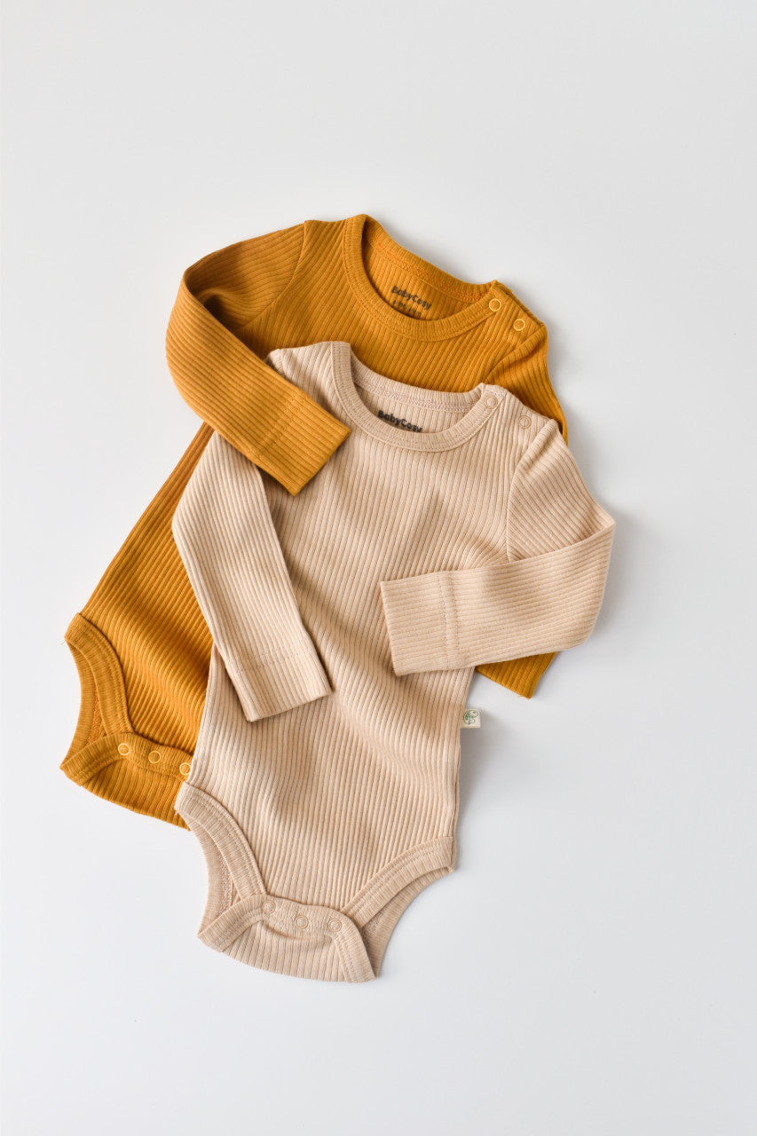 Set de 2 body-uri cu maneca lunga din bumbac organic si modal - Mustar/Somon BabyCosy