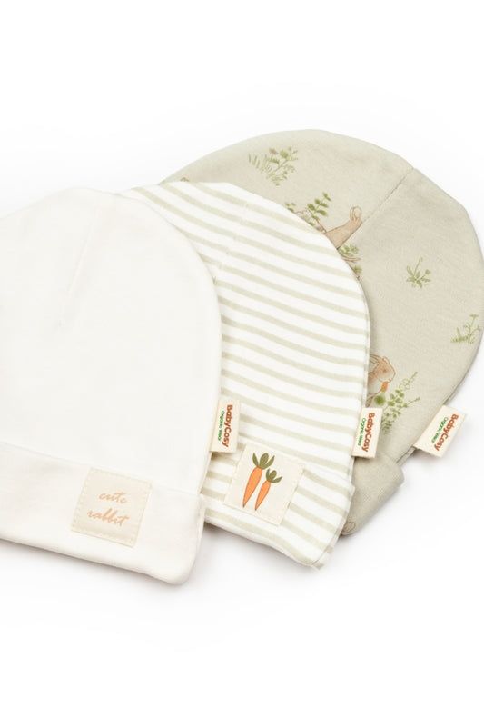 Set de 3 caciulite pentru nou nascut, 100% bumbac organic, Rabbit, BabyCosy