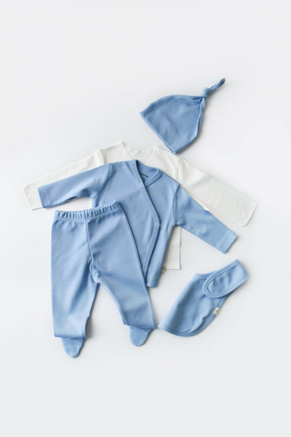 Set de 5 piese pentru nou nascut - 100% bumbac organic - Bleu, BabyCosy