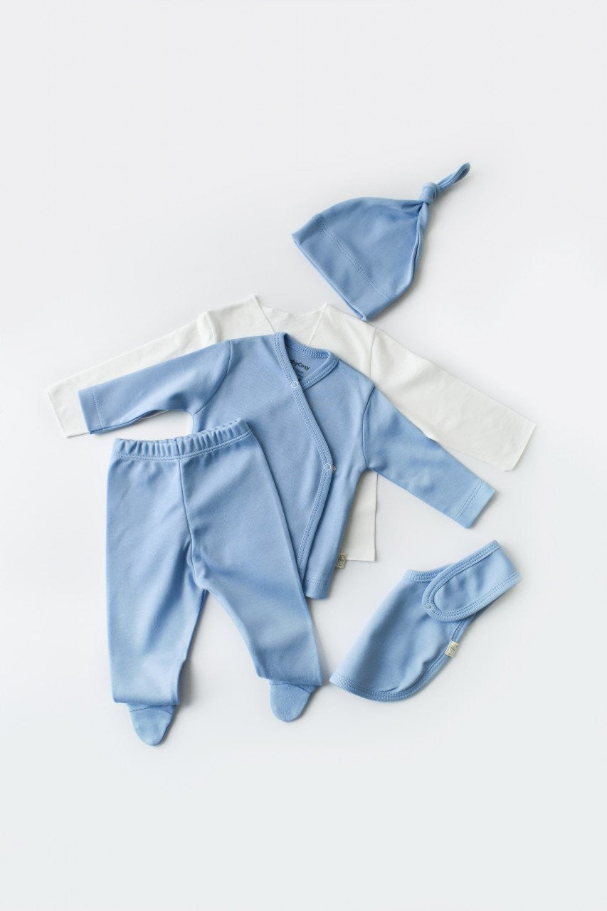 Set de 5 piese pentru nou nascut - 100% bumbac organic - Bleu, BabyCosy