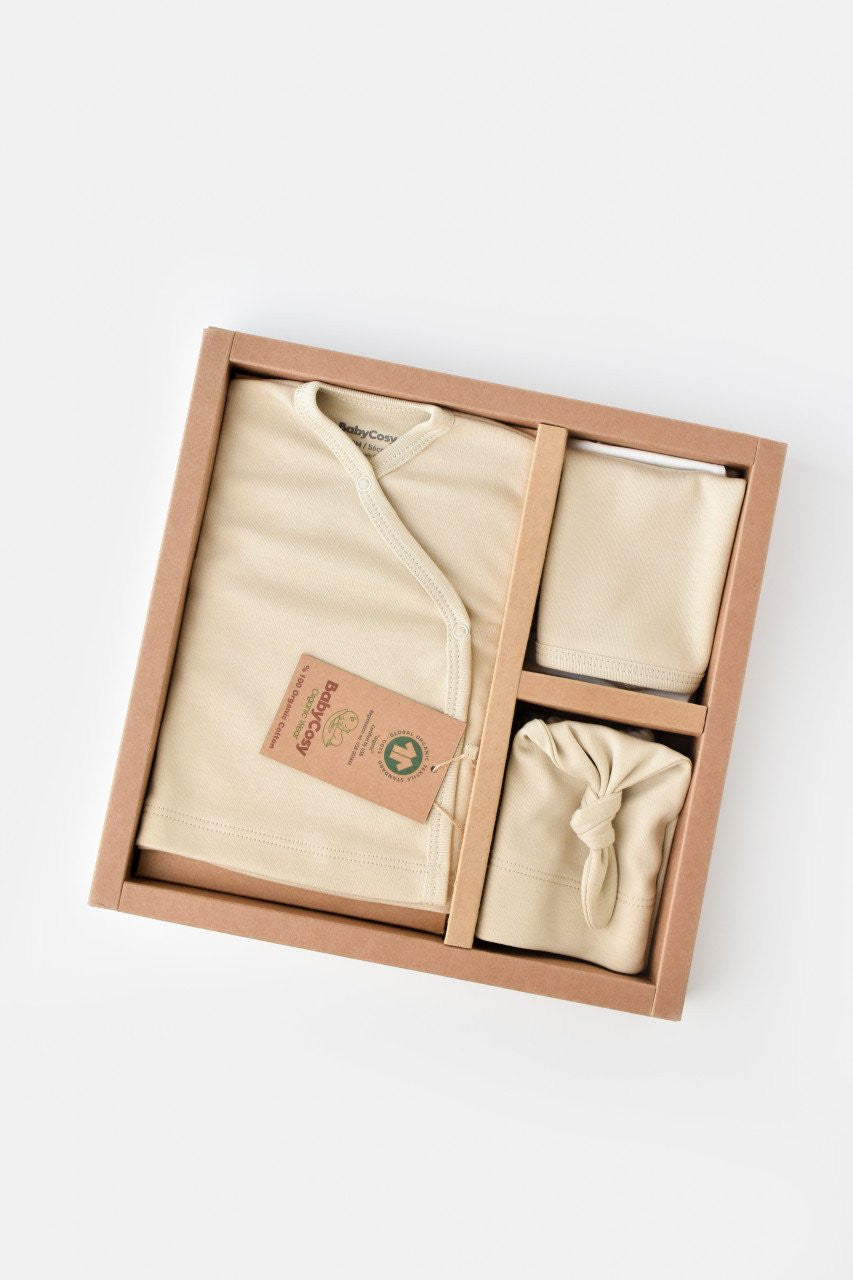 Set de 5 piese pentru nou nascut - 100% bumbac organic - Crem, BabyCosy