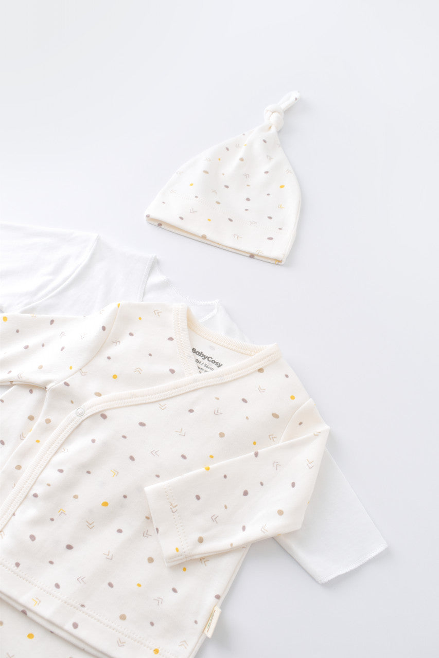 Set de 5 piese pentru nou nascut - 100% bumbac organic - Ecru cu buline, BabyCosy