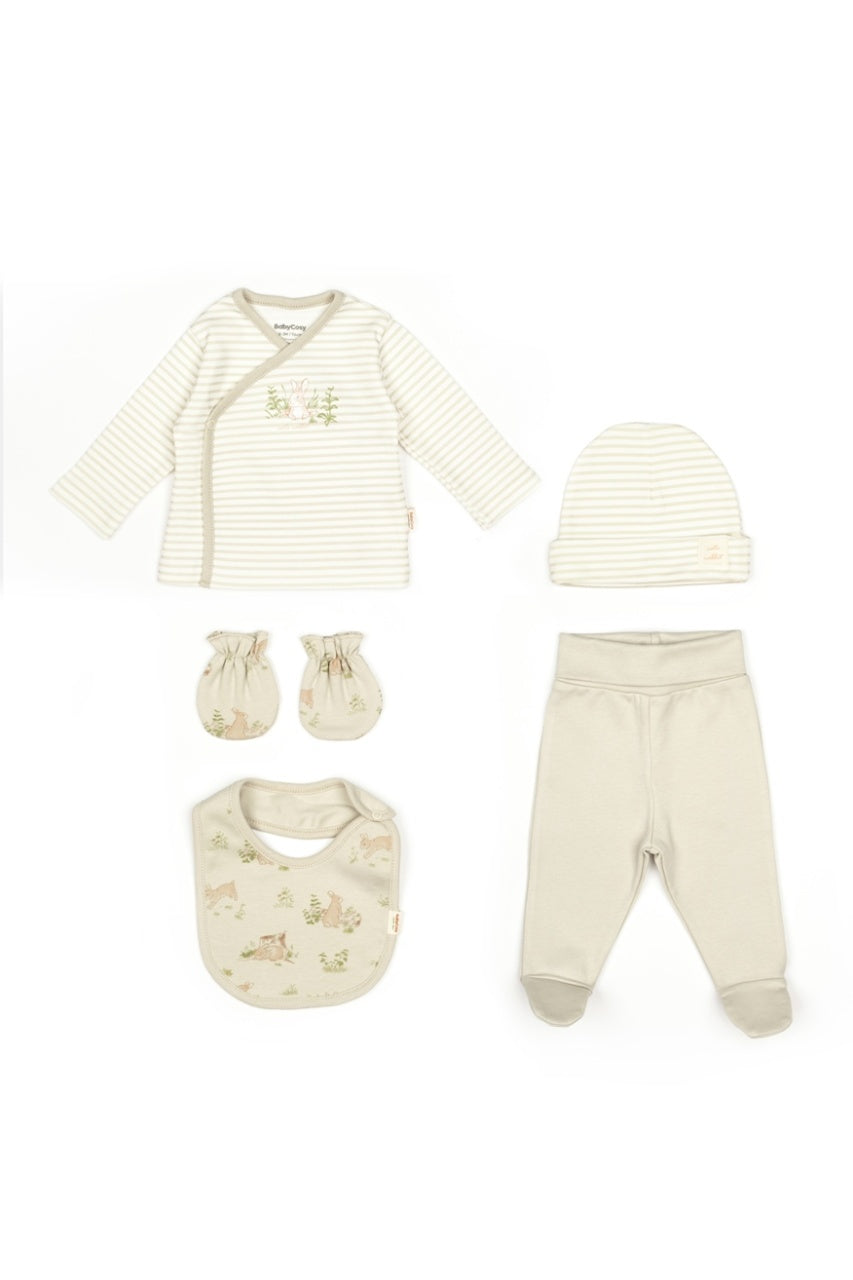 Set de 5 piese pentru nou nascut, 100% bumbac organic, Rabbit, BabyCosy