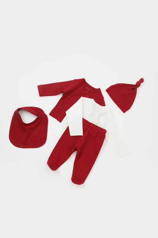 Set de 5 piese pentru nou nascut - 100% bumbac organic - Rosu, BabyCosy - Baveta, Bluza, Caciula, Pantaloni, Pieptar