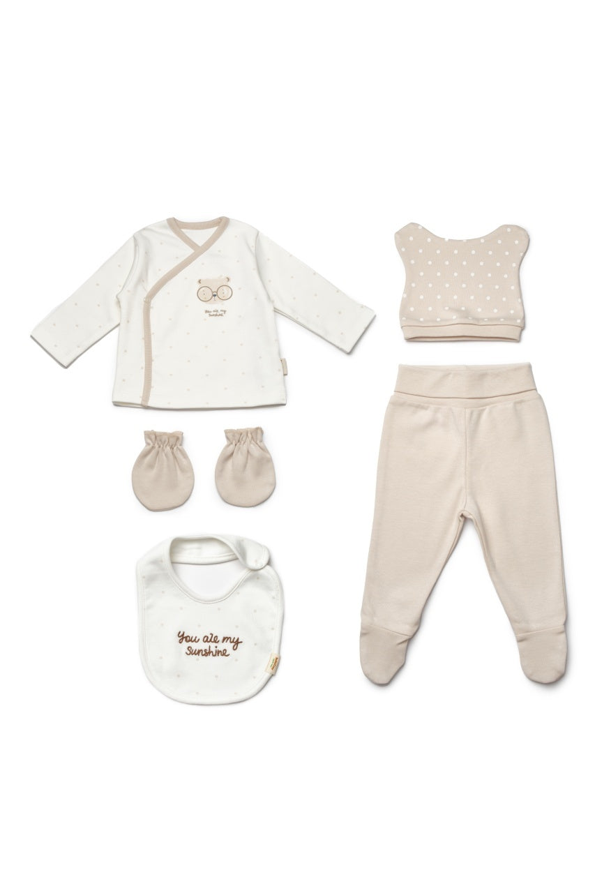 Set de 5 piese pentru nou nascut, 100% bumbac organic, TeddyBear, BabyCosy