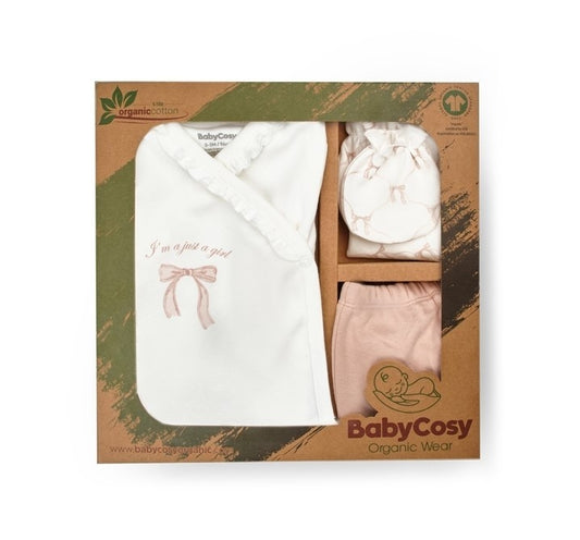 Set de 5 piese pentru nou nascut, Bow, powder, BabyCosy - Baveta, Bentita, Bluza, Pantaloni, Pieptar
