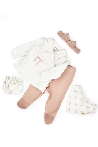 Set de 5 piese pentru nou nascut, Bow, powder, BabyCosy