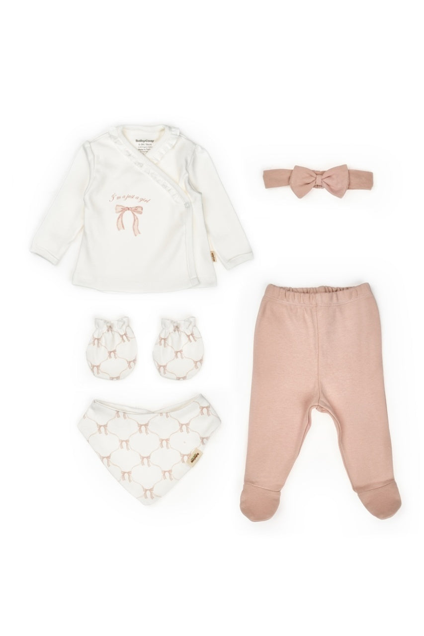 Set de 5 piese pentru nou nascut, Bow, powder, BabyCosy