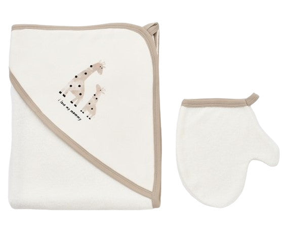 Set de baie cu prosop si manusa Girafa, BabyCosy, Ecru