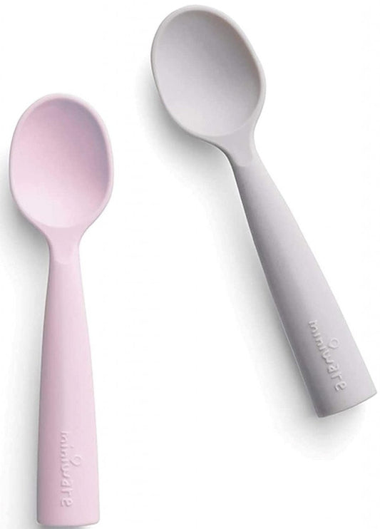 Set de lingurite bebelusi Miniware, 100% silicon alimentar, Grey+Cotton candy -