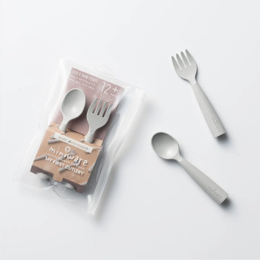 Set de tacamuri bebelusi Miniware My First Cutlery, 100% din materiale naturale biodegradabile, Dove Grey -