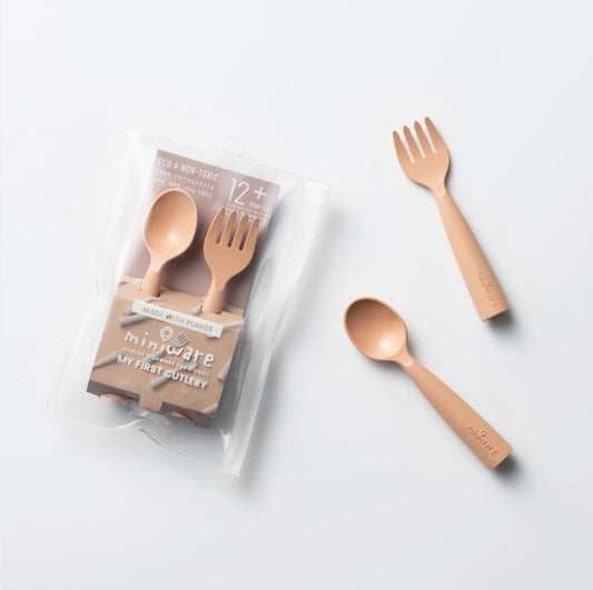 Set de tacamuri bebelusi Miniware My First Cutlery, 100% din materiale naturale biodegradabile, Toffee -