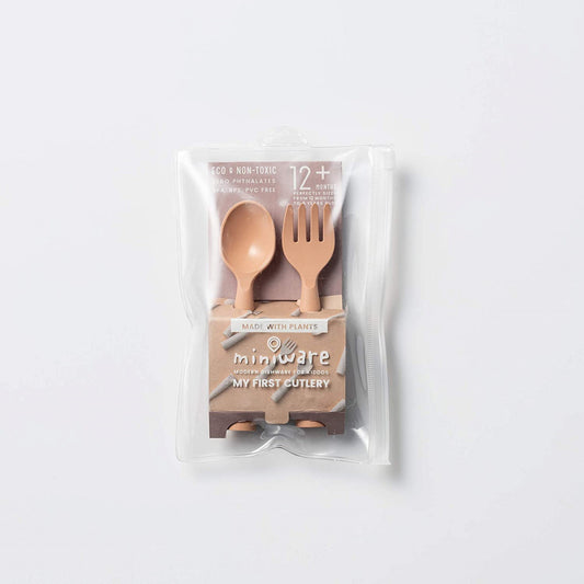 Set de tacamuri bebelusi Miniware My First Cutlery, 100% din materiale naturale biodegradabile, Toffee -