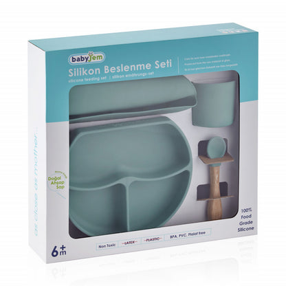 Set diversificare 4 piese din silicon BabyJem: bavetica, farfurie, lingurita si pahar