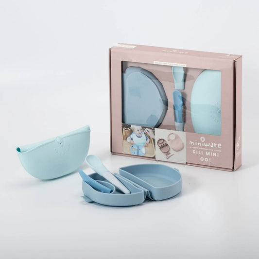Set diversificare hrana bebelusi Miniware Sili Mini GO, 100% din materiale naturale biodegradabile, 3 piese, Blue Banana -