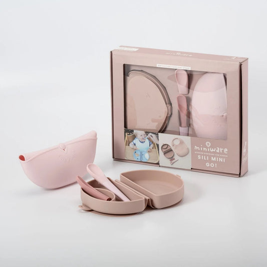 Set diversificare hrana bebelusi Miniware Sili Mini GO, 100% din materiale naturale biodegradabile, 3 piese, Pink Antioxidant -