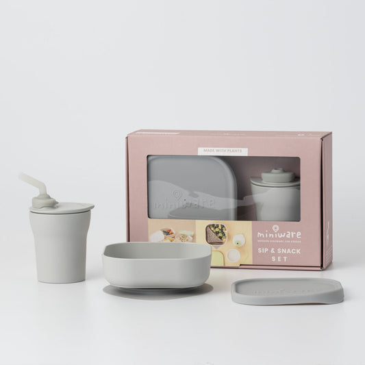 Set diversificare hrana bebelusi Miniware Sip&Snack, 100% din materiale naturale biodegradabile, 3 piese, Grey -