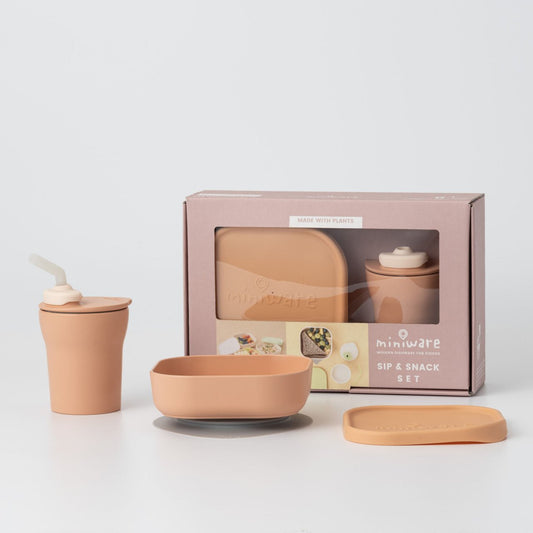 Set diversificare hrana bebelusi Miniware Sip&Snack, 100% din materiale naturale biodegradabile, 3 piese, Toffee -