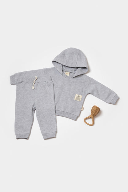Set hanorac cu gluga si pantaloni, Two thread, 100%bumbac organic - Gri, BabyCosy