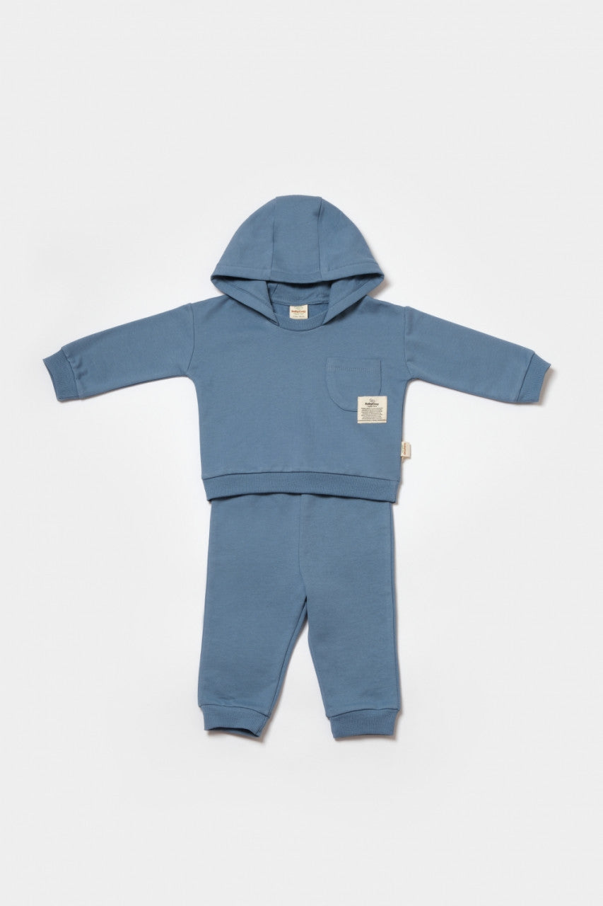 Set hanorac cu gluga si pantaloni, Two thread, 100%bumbac organic - Indigo, BabyCosy