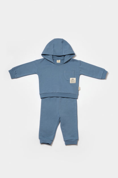 Set hanorac cu gluga si pantaloni, Two thread, 100%bumbac organic - Indigo, BabyCosy