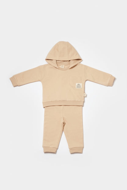 Set hanorac cu gluga si pantaloni, Two thread, 100%bumbac organic - Stone, BabyCosy