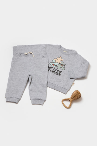 Set hanorac si pantaloni, Two thread, 100%bumbac organic - Gri, BabyCosy
